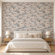 Revêtement mural Briques de caractère, Bleu et gris — effet brique, en situation dans une chambre.