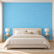 Revêtement mural Briques de caractère, Bleu, en situation dans une chambre.