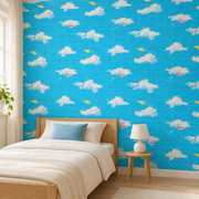 Revêtement mural Briques de caractère, Bleu ciel, en situation dans une chambre d’enfant.