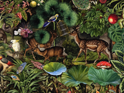 Bestiaire tropical — motif 1, détail des cervidés et du gramophone du papier peint