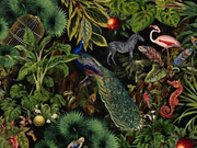 Bestiaire tropical — motif 1, détail du paon et des oiseaux du papier peint