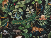 Bestiaire tropical — motif 13, détail de l’oiseau à longue queue et du feuillage du papier peint