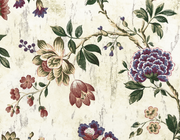 Bestiaire tropical — motif 15, détail de la fleur bleue et crème et du fond patiné du papier peint