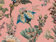 Bestiaire tropical — motif 18, détail de la fleur turquoise et crème sur fond saumon du papier peint