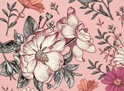 Bestiaire tropical — motif 22, détail du bouquet crème et des feuilles gravées du papier peint