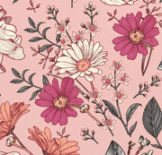 Bestiaire tropical — motif 22, détail des fleurs roses et des petites branches gravées du papier peint