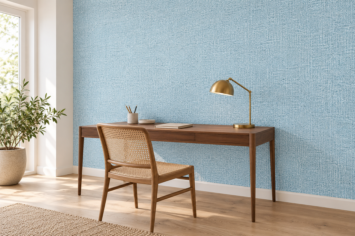 Maille de lin — Bleu clair — aspect lin, revêtement mural dans un bureau à domicile.