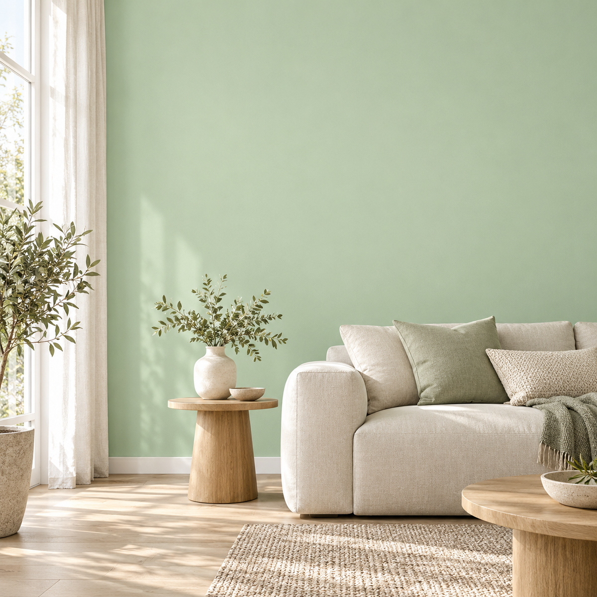 Papier peint vert sauge en situation dans un salon lumineux.