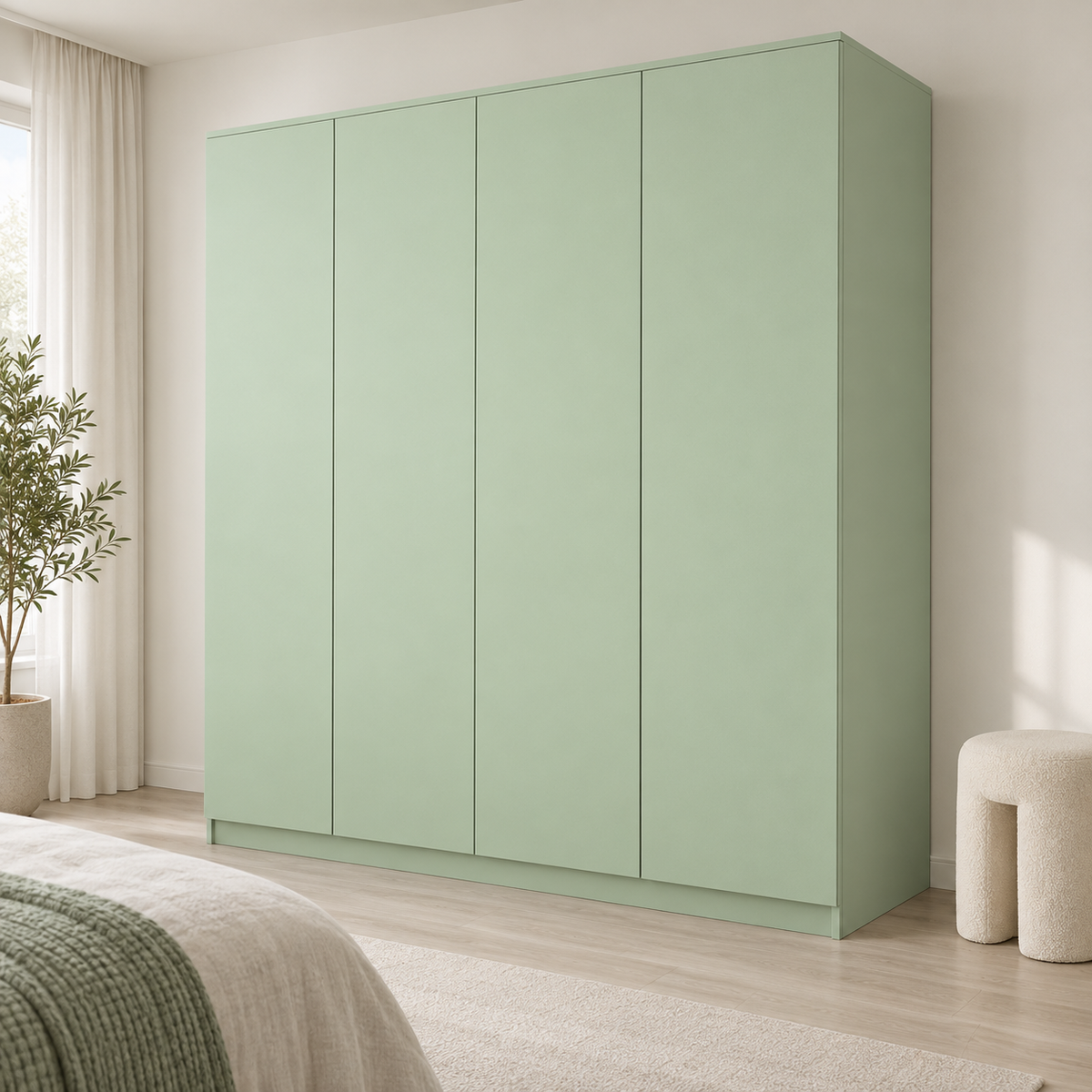 Palette satinée — Vert mat doux, armoire (mise en scène générée)