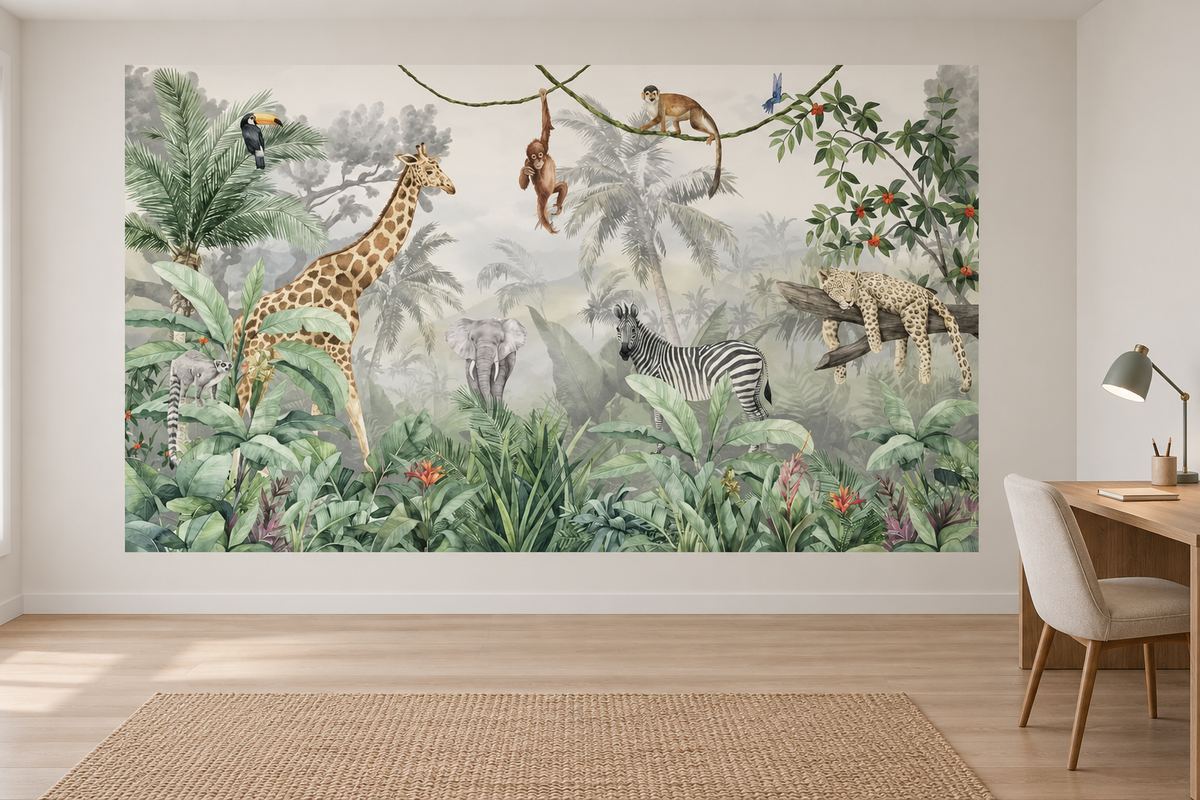Safari aquarelle, motif 1 : jungle aquarellée gris vert, girafe à gauche, éléphant au centre, zèbre à droite, léopard couché sur une branche et singes en haut, posé en papier peint dans un bureau familial clair avec table de travail en bois.