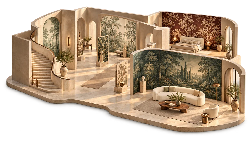 Pavillon imaginaire Maison Murélyne : galerie de matières, salon et chambre.